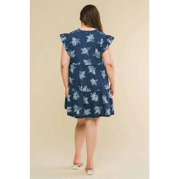 Plus Size Printed Demin Mini Dress - Picture 3 of 8